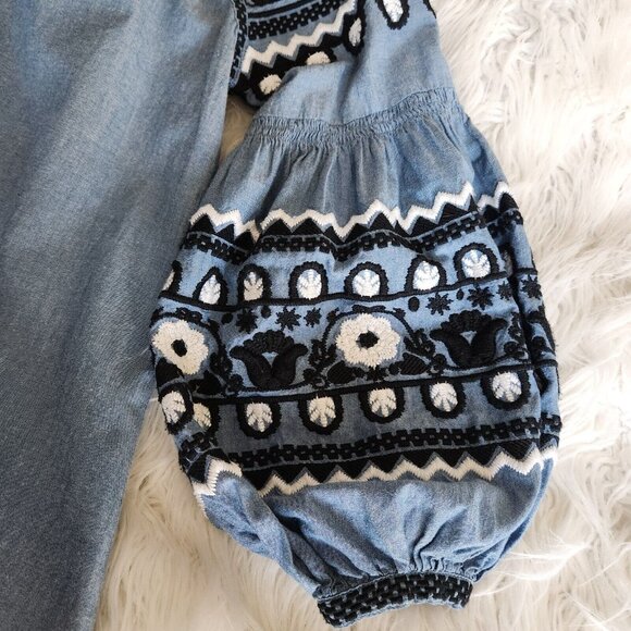 Ivy Jane Boho Dress XS Embroidered Puff Sleeve Chambray Relaxed‎ Southwestern - Picture 10 of 12